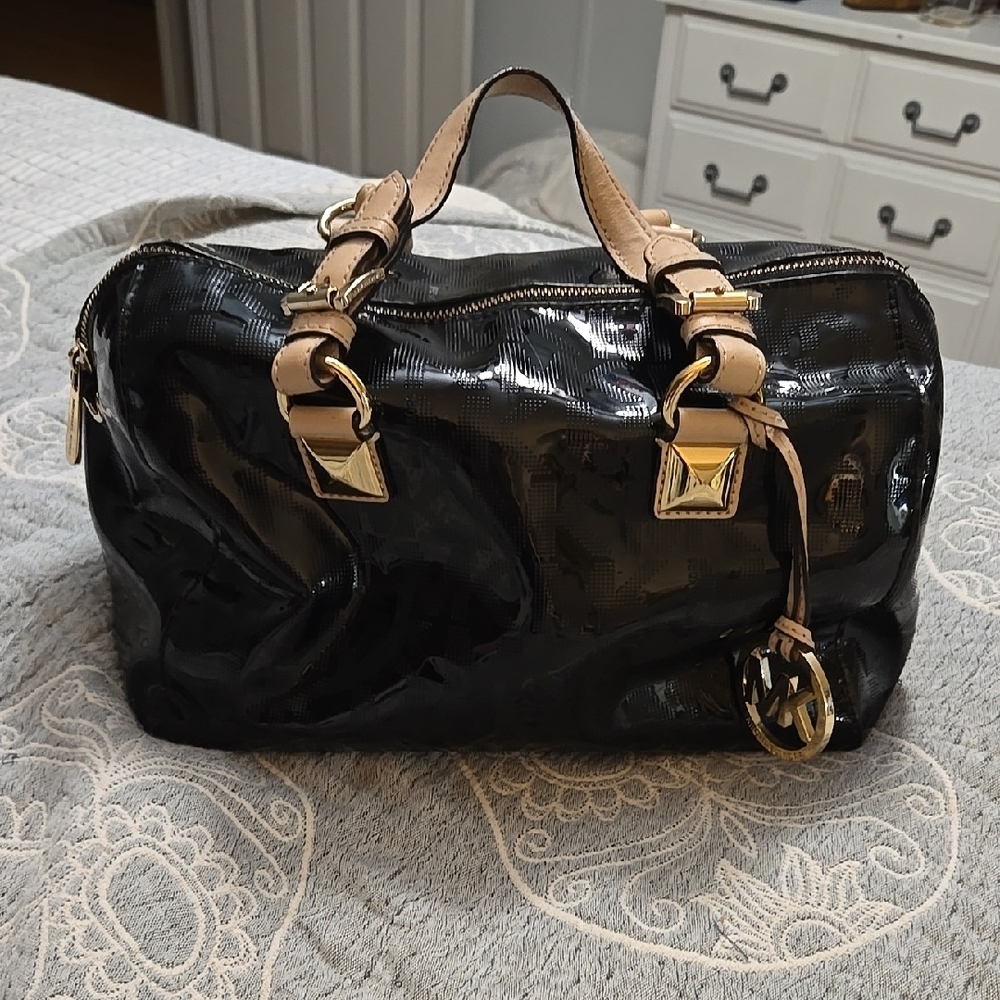 Black and Gold Textured Satchel with Gold Hardware